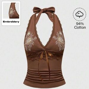 ROMWE Hippie Women's Summer Floral Print Contrast Lace Halter Neck Tie Top